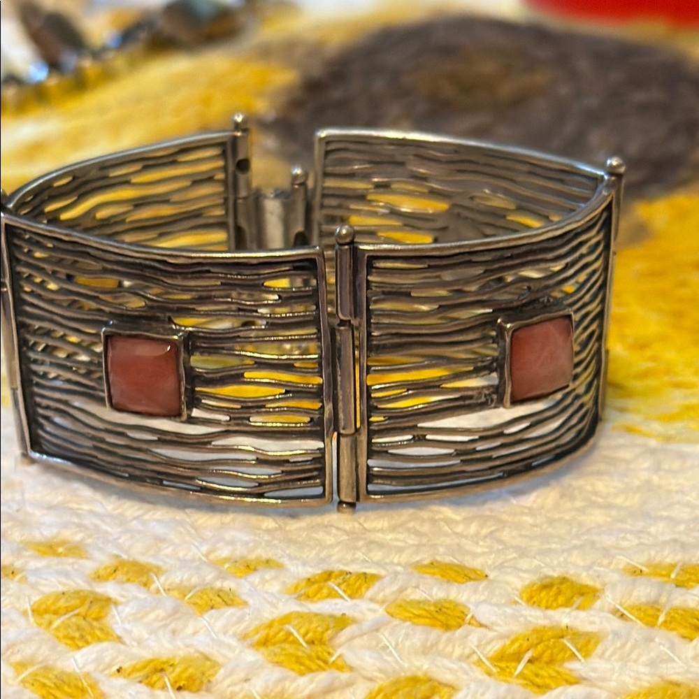 Rare Silpada Silver Braided Panel Bracelet Rose Cherry Quartz Stones B1189
